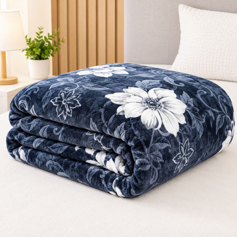 Luxury Navy Blue Floral Plush Blanket
