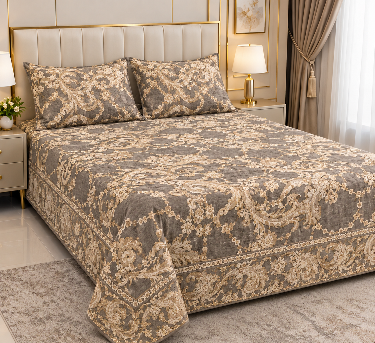 Luxury Taupe Floral Cotton Bedsheet Set with Matching Pillow Covers