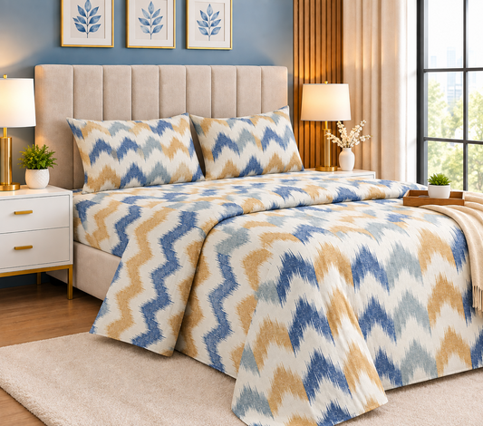 Premium Cotton Printed Bedsheet Set – Blue & Beige Ikat Design