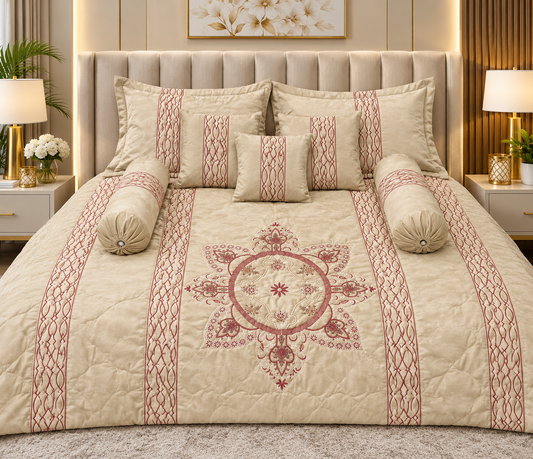 Luxury Cream & Maroon Embroidered Comforter Set – Elegant Quilted Bedding Collection