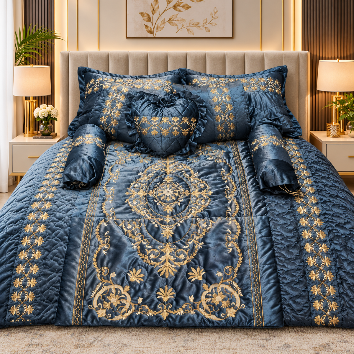 Luxury Navy Blue & Gold Embroidered Comforter Set – Premium Quilted Bedding