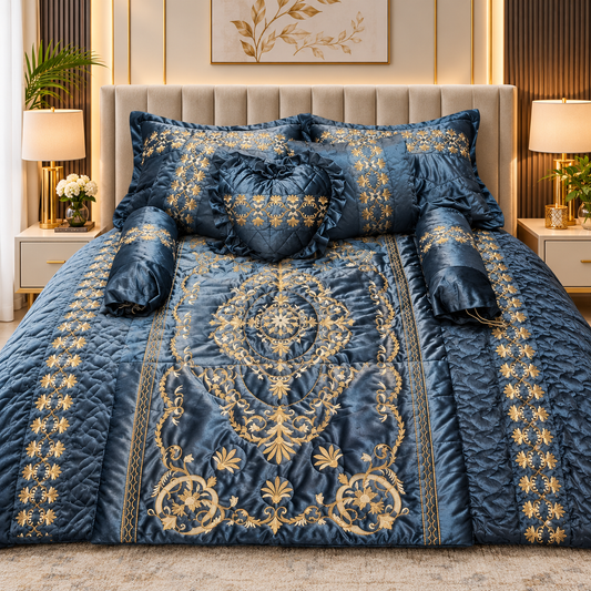 Luxury Navy Blue & Gold Embroidered Comforter Set – Premium Quilted Bedding