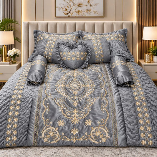 Luxury Grey & Golden Embroidered Bedsheet Set | Premium Bedroom Elegance