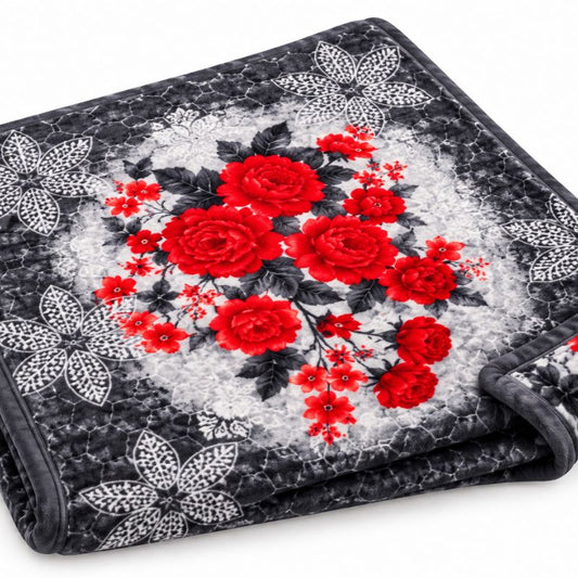 Luxury Black & Grey Floral Blanket with Red Roses – Soft Printed Bedding Blanket